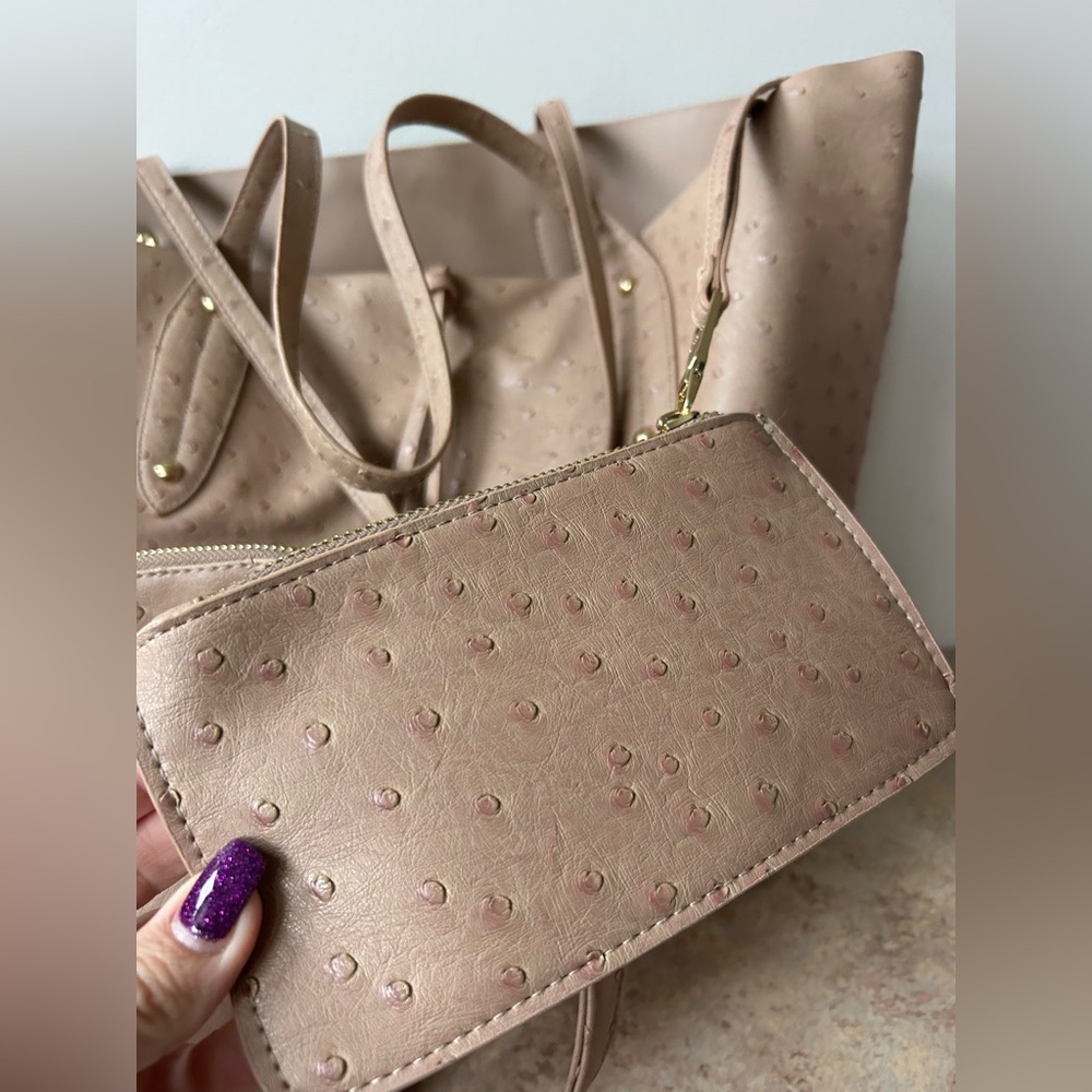 Bebe Three Piece Faux Ostrich Leather Tote, Purse and Wristlet - Picture 7 of 11